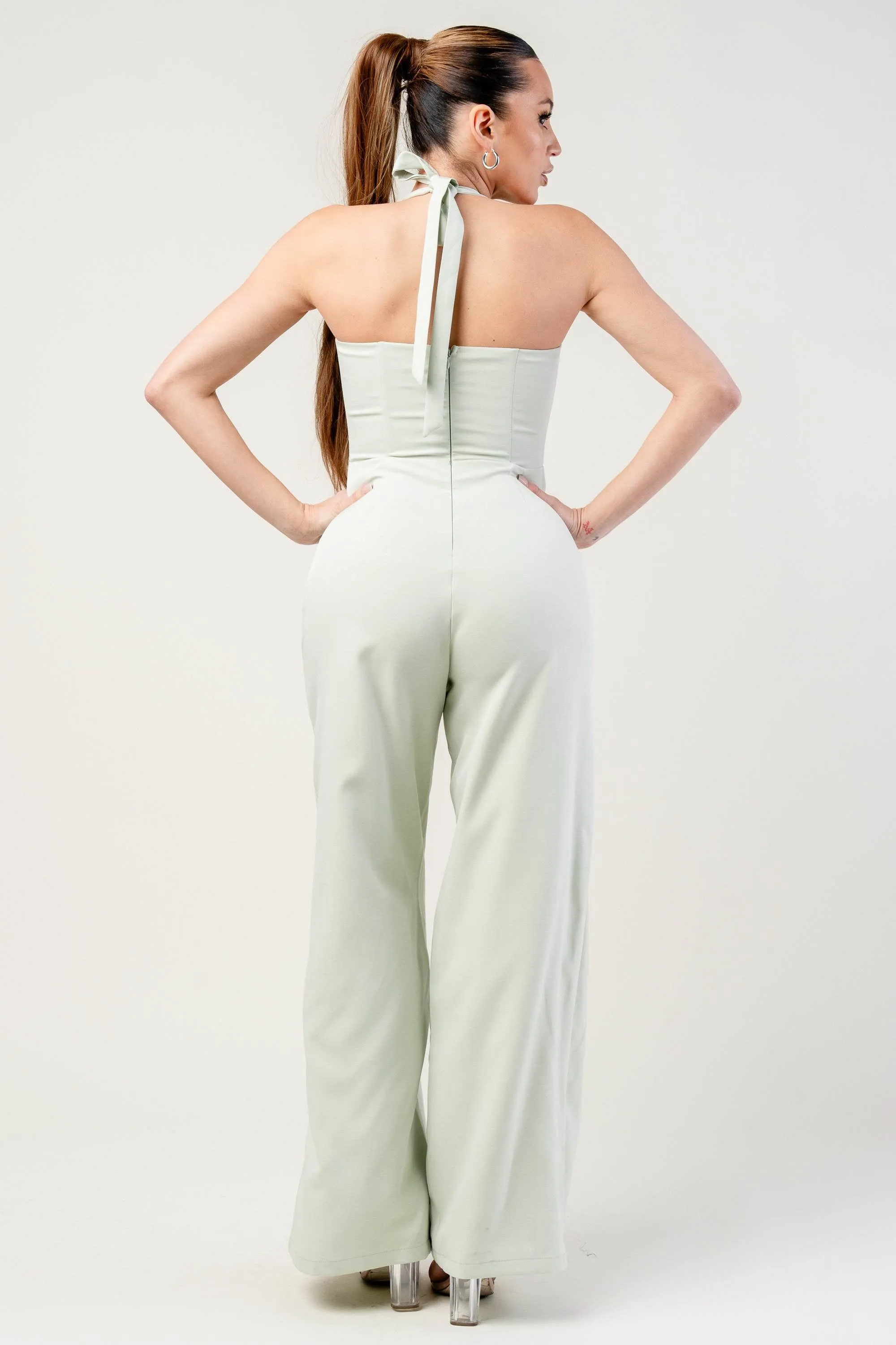 PJWS11236ETP-W / THICK STRETCH WOVEN HALTER NECK JUMPSUIT WITH FAUX POCKET sold by privy product image thumbnail 3