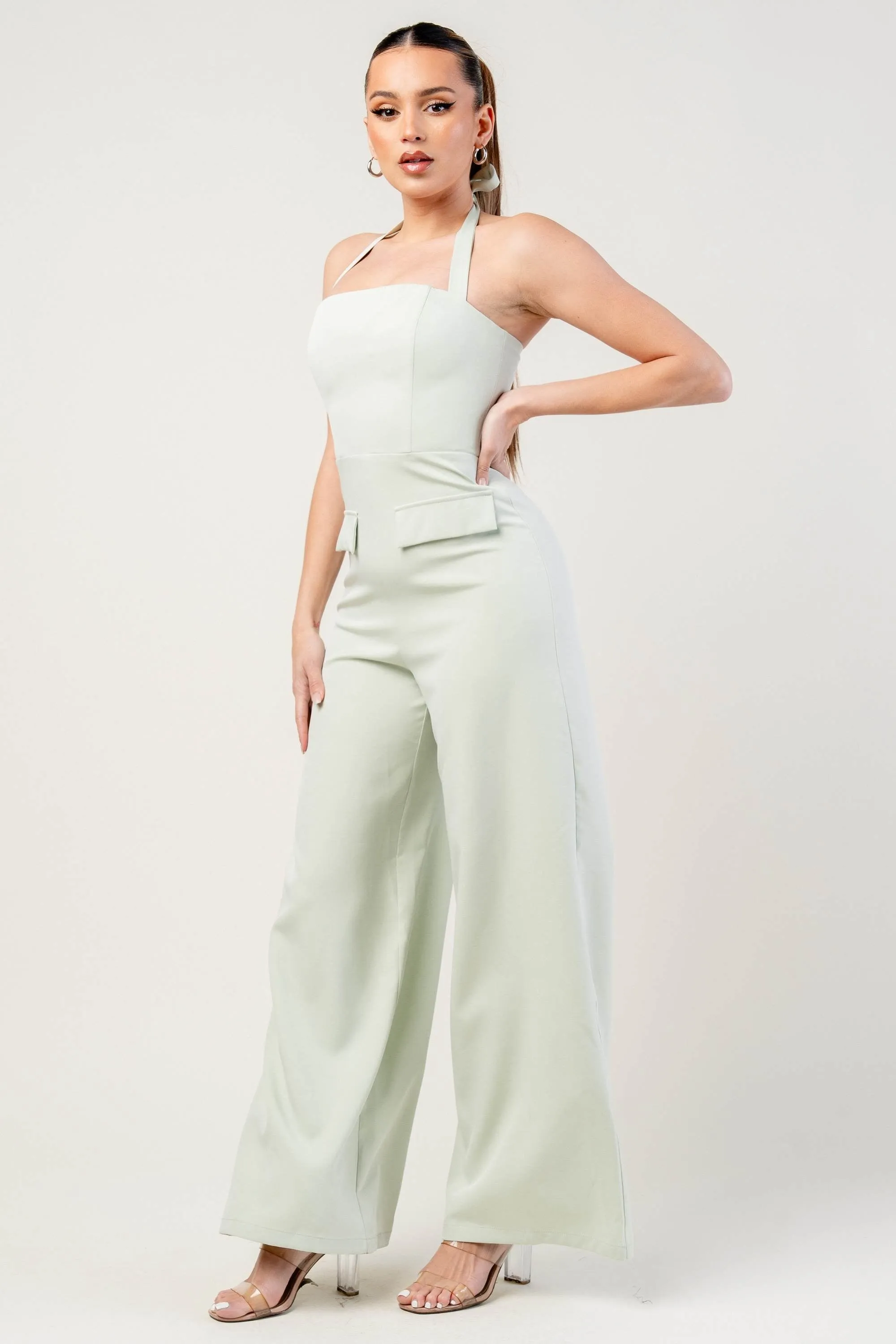 PJWS11236ETP-W / THICK STRETCH WOVEN HALTER NECK JUMPSUIT WITH FAUX POCKET sold by privy product image thumbnail 2