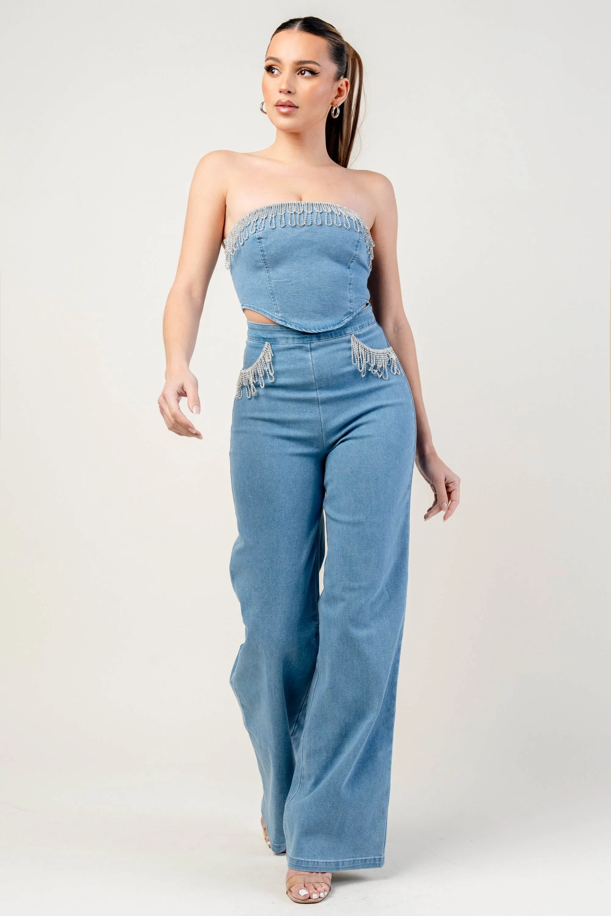 PS9700E-W / STRETCH WASHED DENIM SET - CROP TOP & PANTS sold by privy product image thumbnail 4