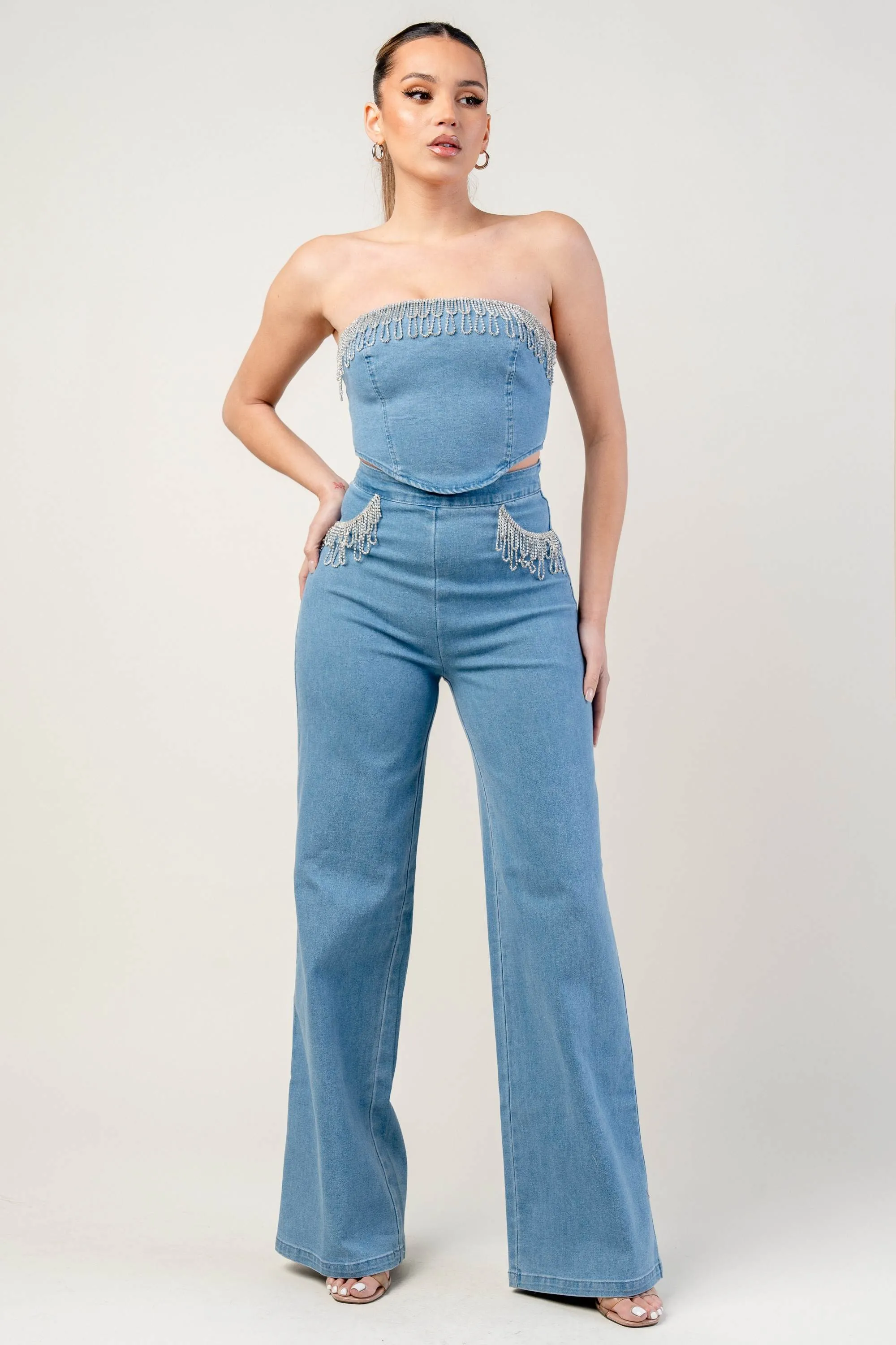 PS9700E-W / STRETCH WASHED DENIM SET - CROP TOP & PANTS sold by privy