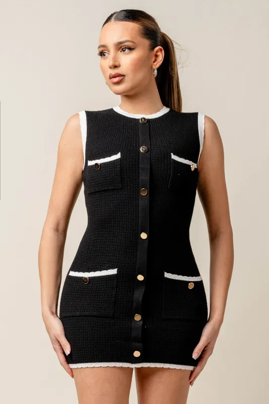 SWEATER KNIT CONTRAST DETAIL SLEEVELESS MINI DRESS sold by privy