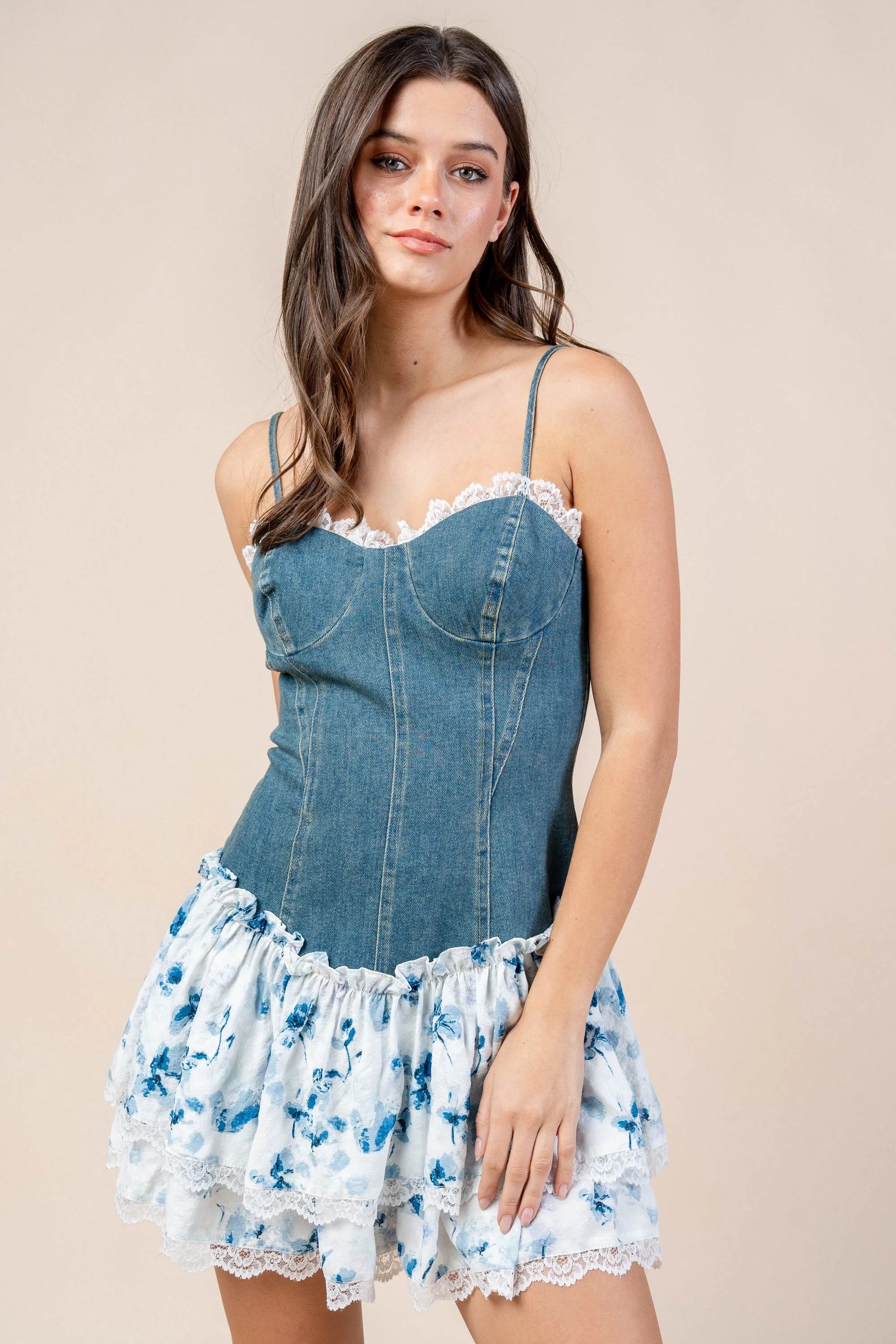 CD30301N / DENIM WITH PRINTED CHIFFON MINI DRESS sold by privy