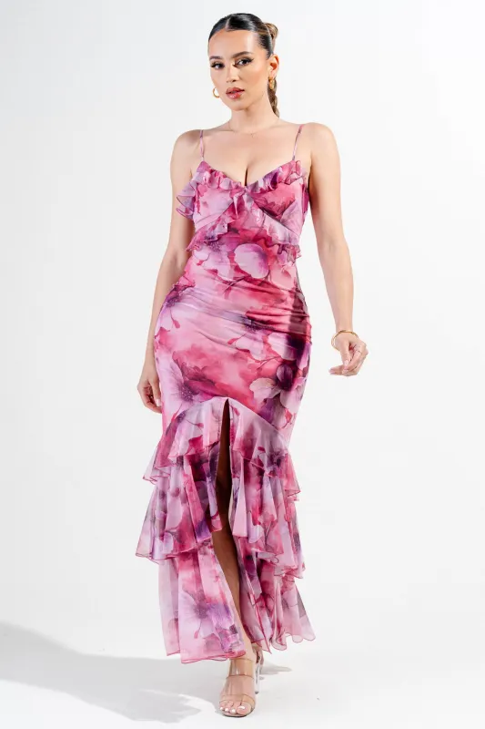 PDKS78731B-W / MESH PRINT RUFFLE DETAIL V-LINE CAMI MAXI DRESS sold by privy