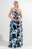 PDWS78788S-W / LINEN PRINT ROSETTE FRONT CUTOUT RUFFLE MAXI DRESS sold by privy