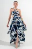 PDWS78788S-W / LINEN PRINT ROSETTE FRONT CUTOUT RUFFLE MAXI DRESS sold by privy