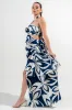 PDWS78788S-W / LINEN PRINT ROSETTE FRONT CUTOUT RUFFLE MAXI DRESS sold by privy