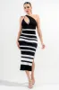 PDKS78711B-W / RIB SWEATER STRIPE ONE SHOULDER MIDI DRESS sold by privy