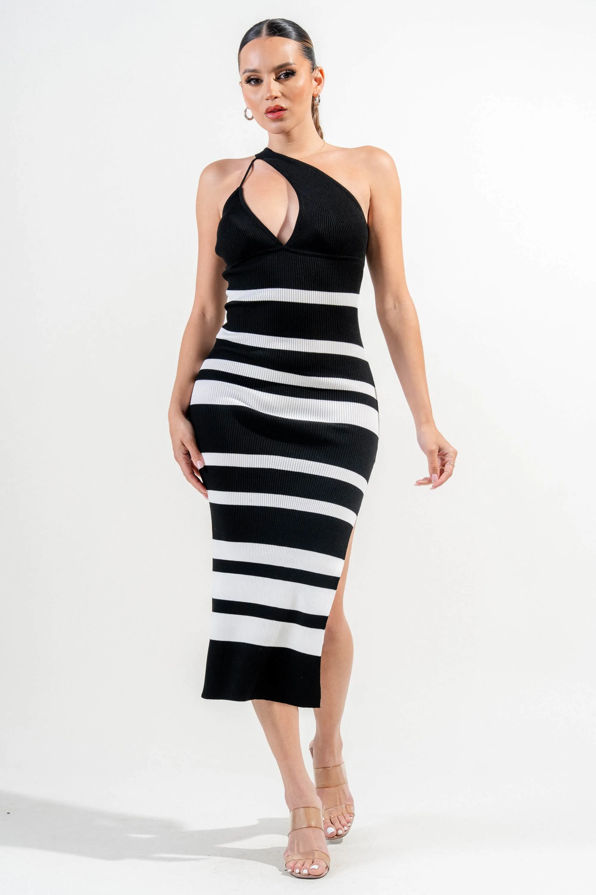 PDKS78711B-W / RIB SWEATER STRIPE ONE SHOULDER MIDI DRESS sold by privy