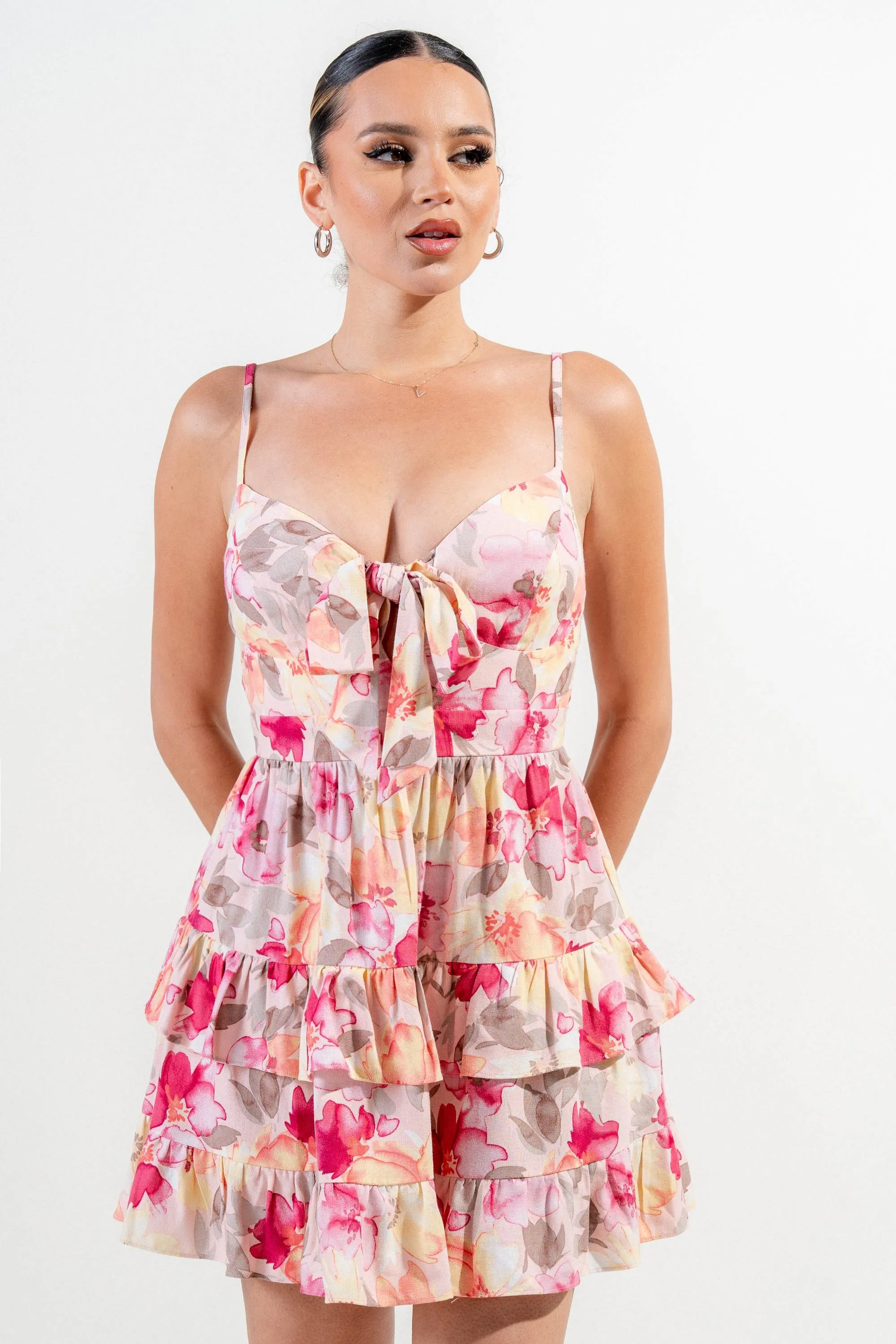 PDWS78911S-W / LINEN PRINT BOW TIE FRONT RUFFLE FLARE MINI DRESS sold by privy product image thumbnail 4