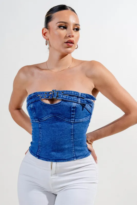 PT45241E-W / WASHED DENIM BUCKLED STRAP DETAIL BACK LACE UP TUBE TOP sold by privy