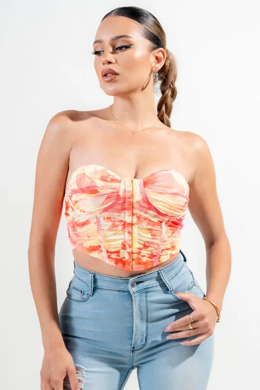 PTKS45343N-W / MESH PRINT STRAPPING DETAIL BUSTIER CORSET CROP TOP sold by privy