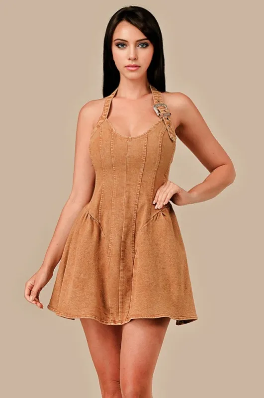 AD30032E / HEAVY DENIM & WASTERN BUCKLE HALTER MINI DRESS sold by privy