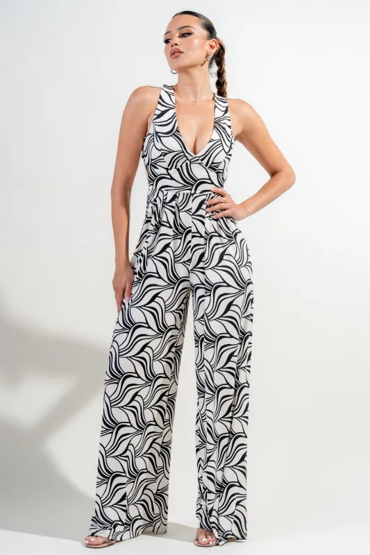 PJ10739B-W / LEAF PRINT HALTER RACERBACK WIDE LEGS JUMPSUIT sold by privy