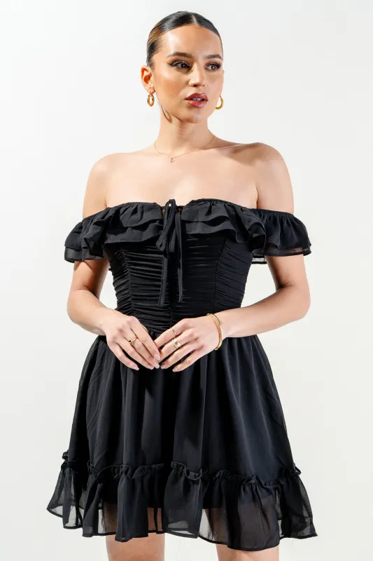 PD72232H-W / LOVELY CHIFFON RUCHED RUFFLED FIT & FLARE DRESS sold by privy