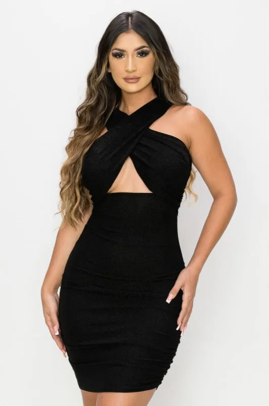 PD71588B-W / METALLIC GLITTER CROSSOVER FRONT CUT OUT DRESS sold by privy