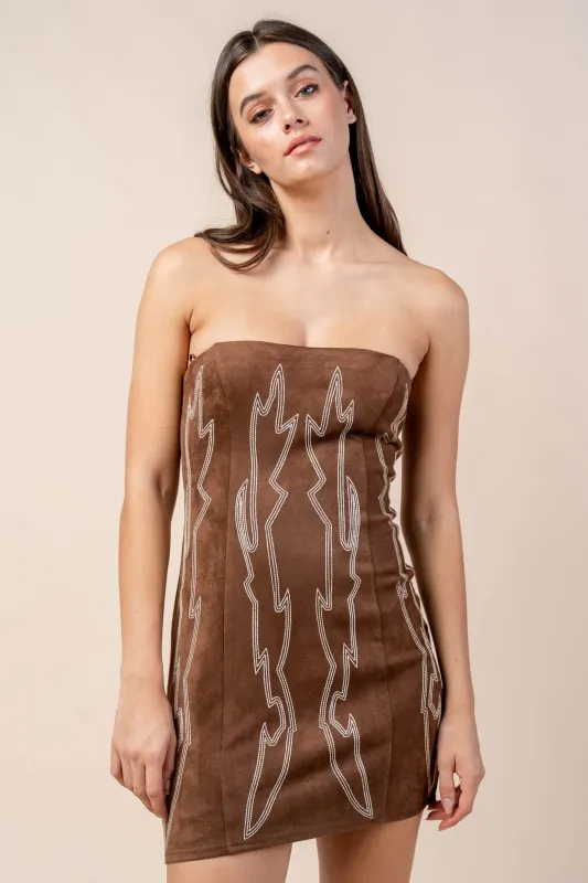 CD30339B / STRETCH SUEDE TUBE MINI DRESS WITH EMBROIDERY DETAILS sold by privy