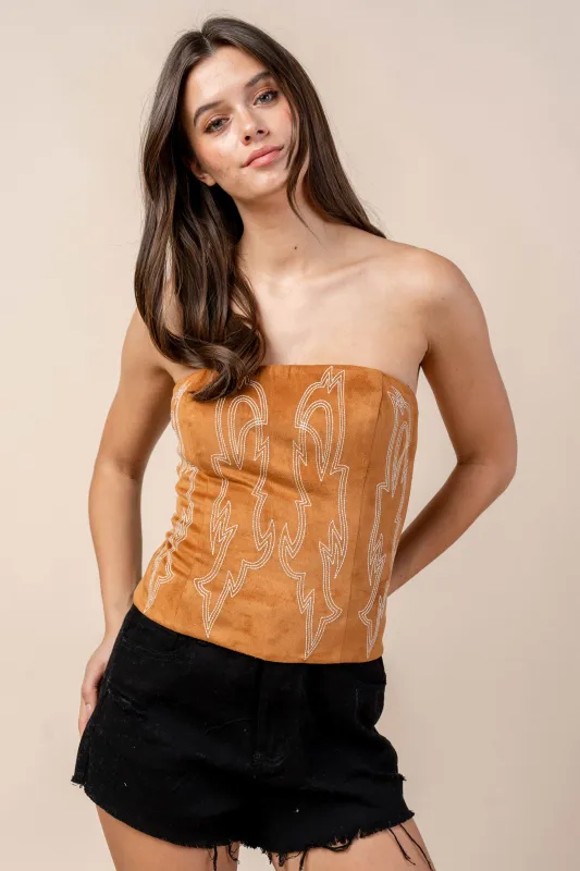 CT10305B / EMBROIDERY DETAIL STRETCH SUEDE TUBE TOP sold by privy