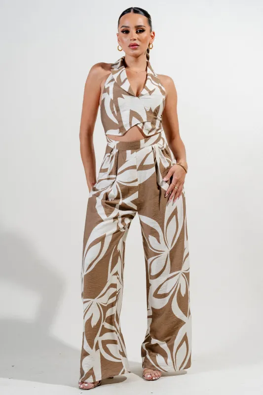 PJWF11264 / LINEN PRINT DEEP PLUNGE HALTER NECK WIDE LEG JUMPSUIT sold by privy