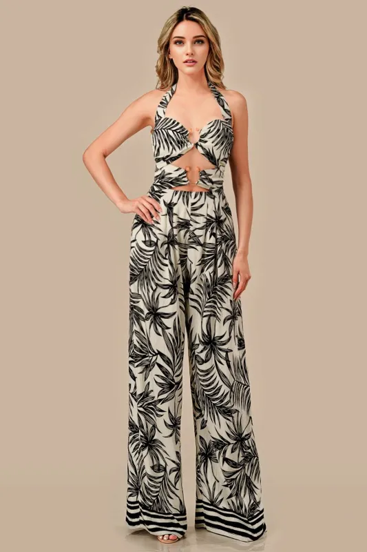 AJWF1145S / WOVEN BODER PRINT & HARDWARE TRIM JUMPSUIT sold by privy
