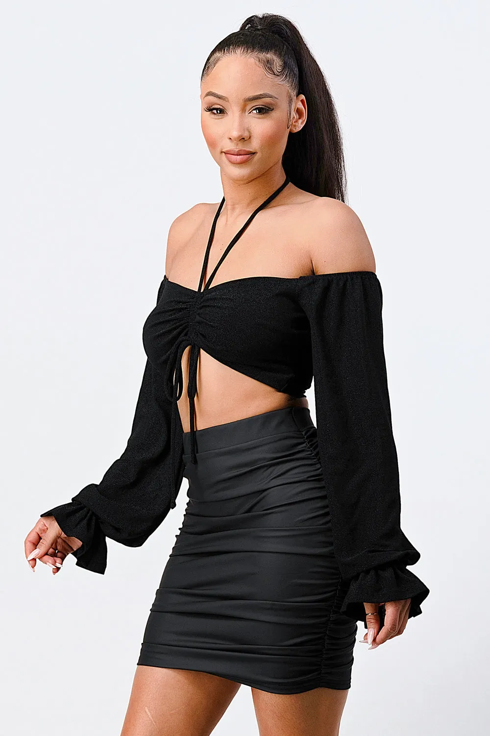 OFF SHOULDER FRONT SHIRRING HALTER TOP sold by privy product image thumbnail 2