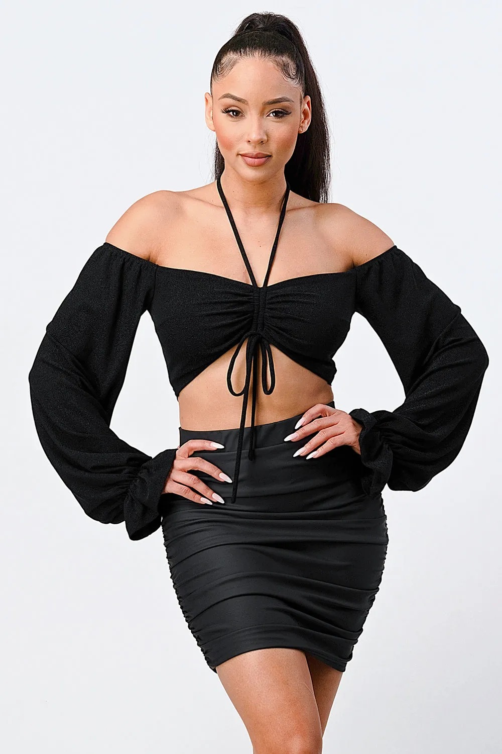 OFF SHOULDER FRONT SHIRRING HALTER TOP sold by privy