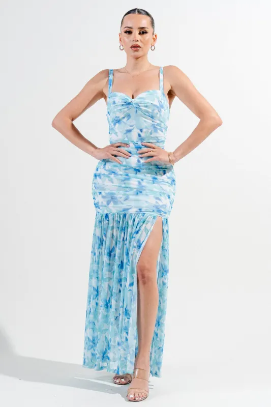PDKS78766BTP-W / MESH PRINT TWIST DETAIL FRONT SLIT MAXI DRESS sold by privy