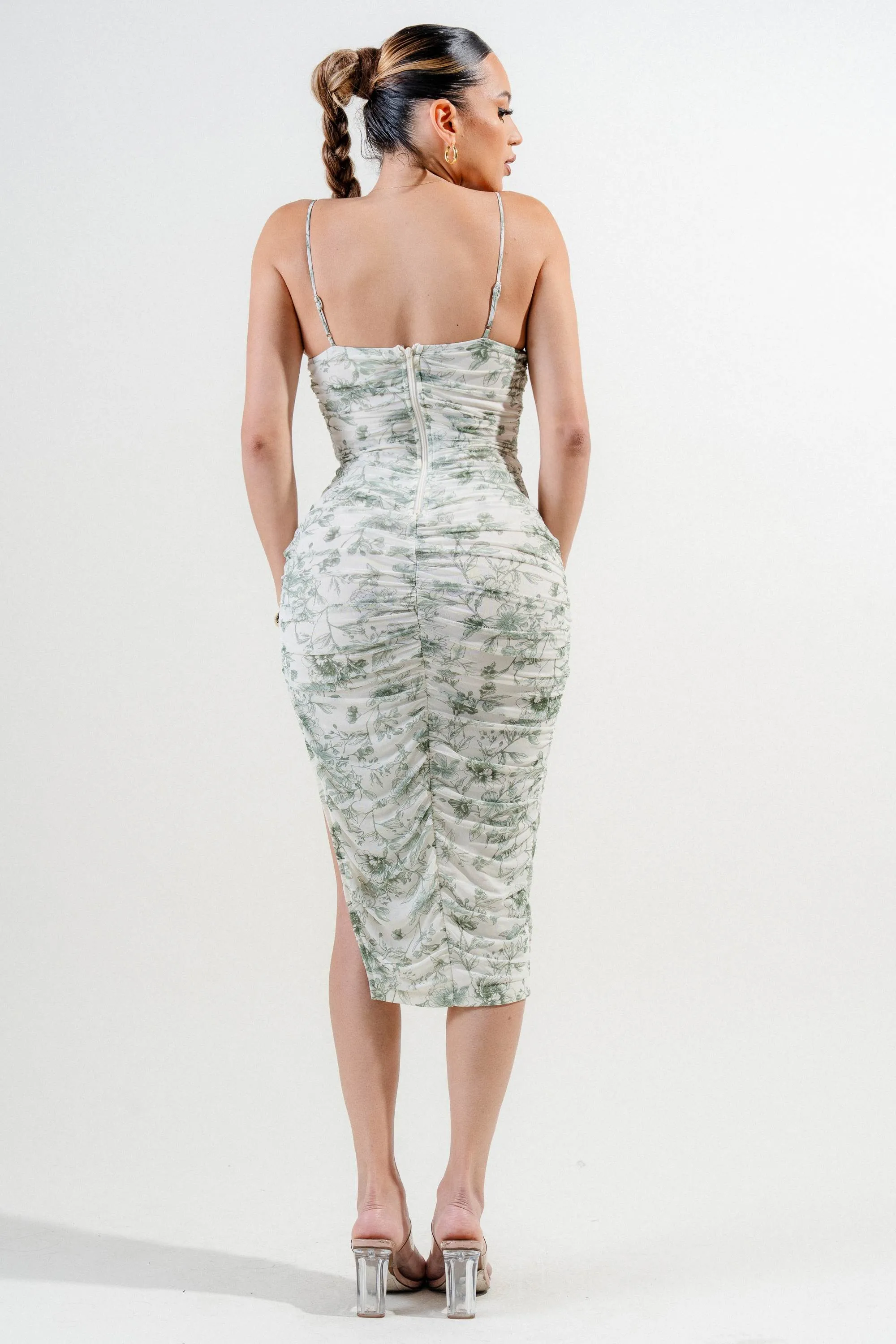 PD78991N / MESH PRINT BUSTIER SKIRT SIDE SLIT RUCHING MIDI DRESS sold by privy product image thumbnail 3