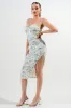 PD78991N / MESH PRINT BUSTIER SKIRT SIDE SLIT RUCHING MIDI DRESS sold by privy