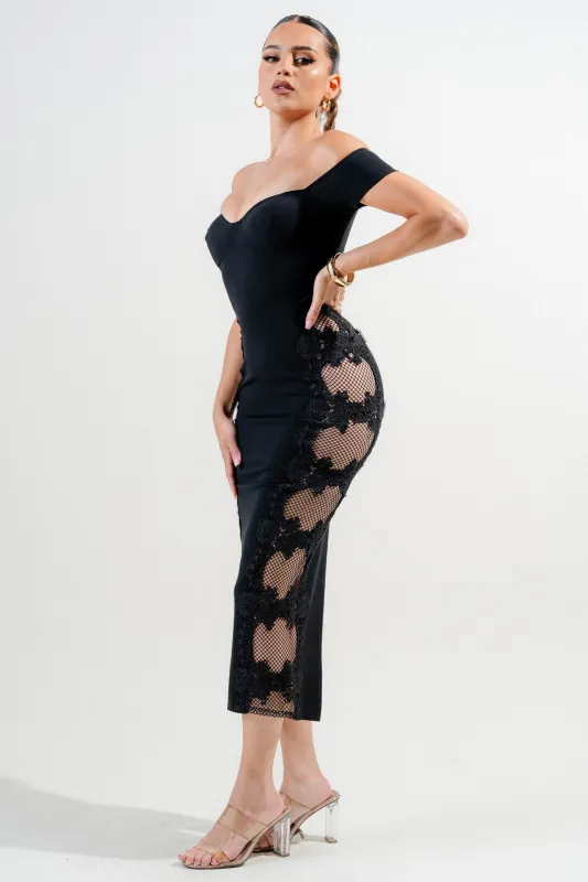 PDKF78844B / CREPE & FISHNET MESH OFF SHOULDER MAXI DRESS WITH LACE TRIM sold by privy