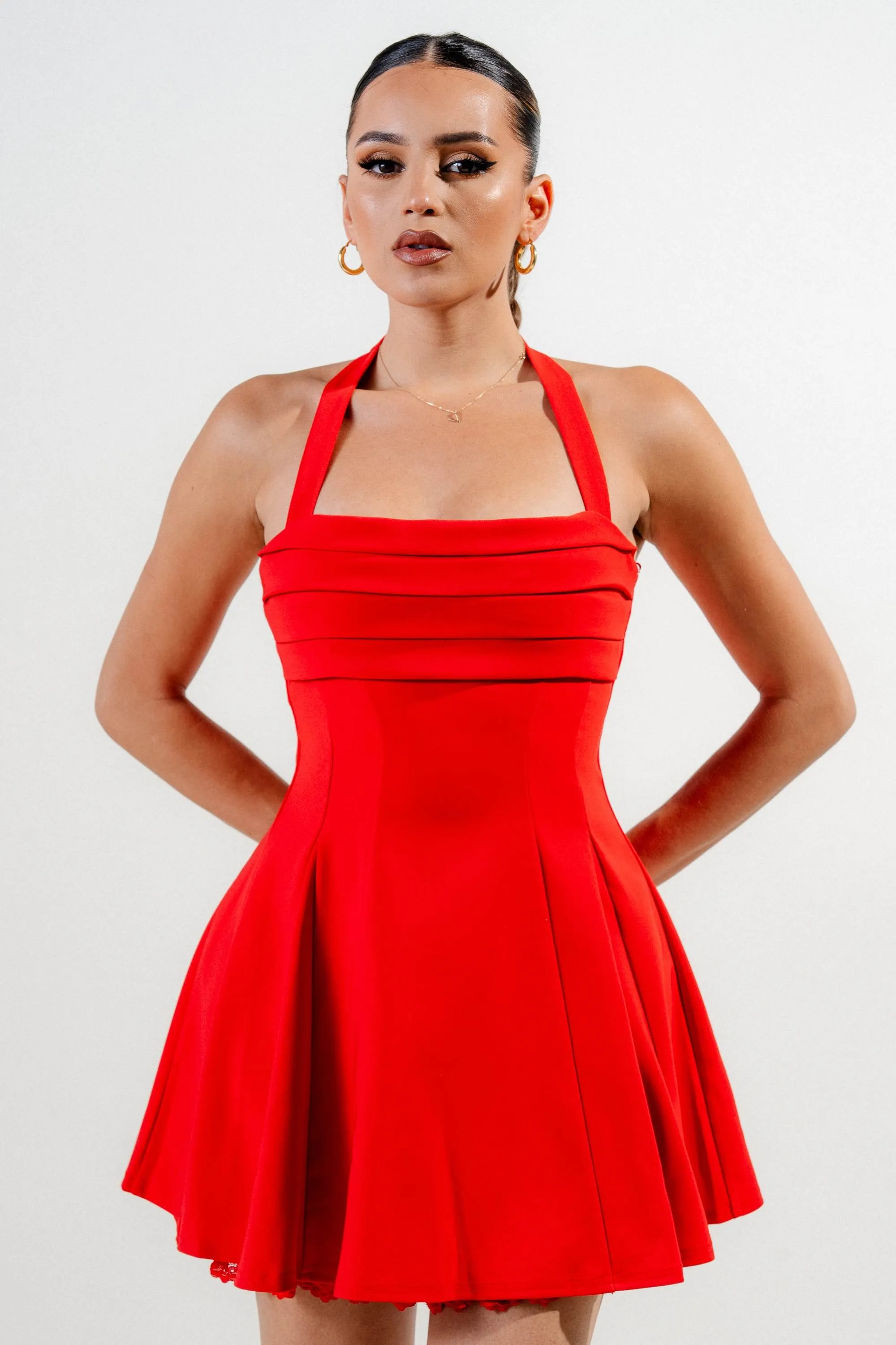 PD79057BST/ THICK STRETCH WOVEN HALTER SQUARE NECK LACE TRIM OPENING FLARE MINI DRESS sold by privy product image thumbnail 4