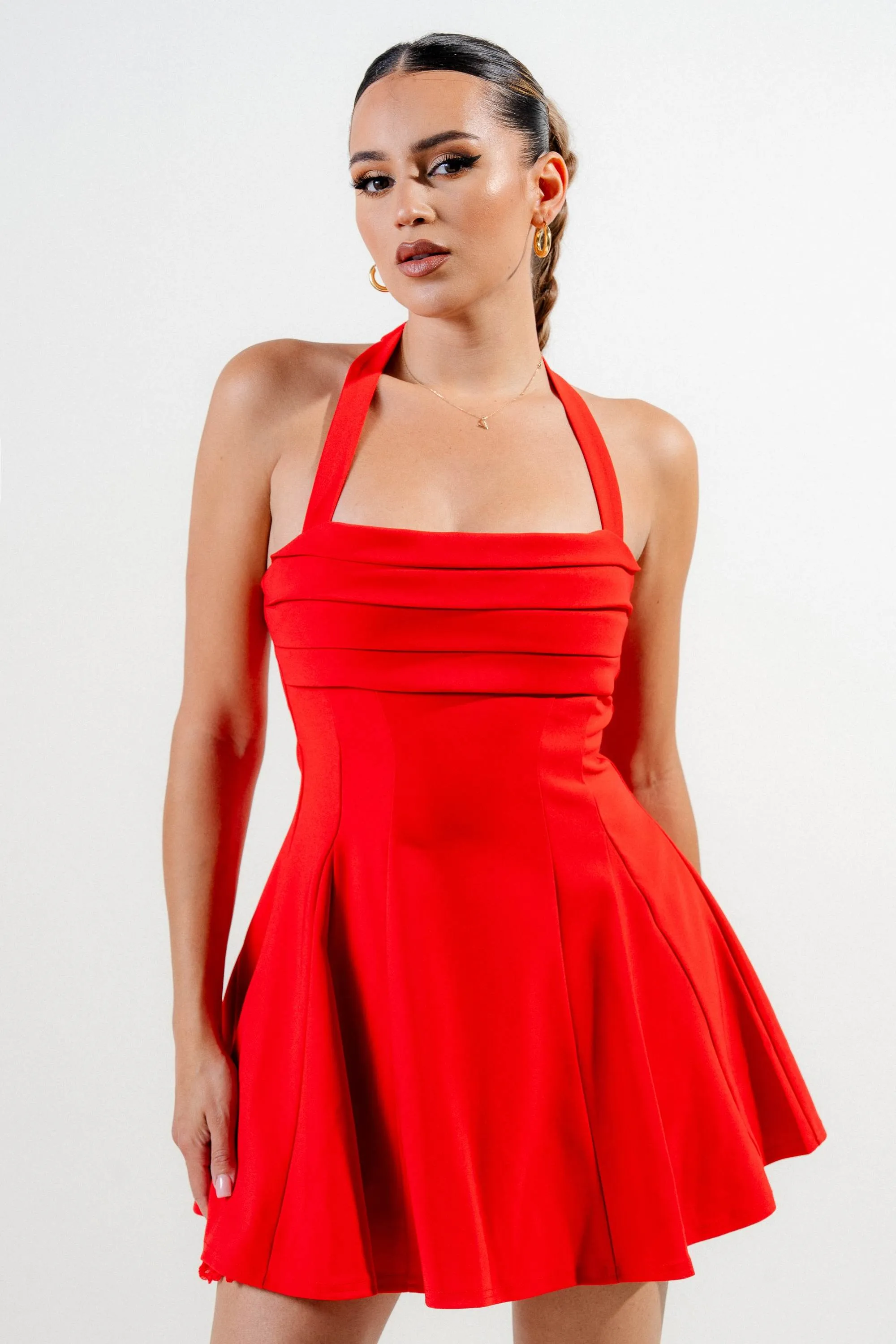 PD79057BST/ THICK STRETCH WOVEN HALTER SQUARE NECK LACE TRIM OPENING FLARE MINI DRESS sold by privy