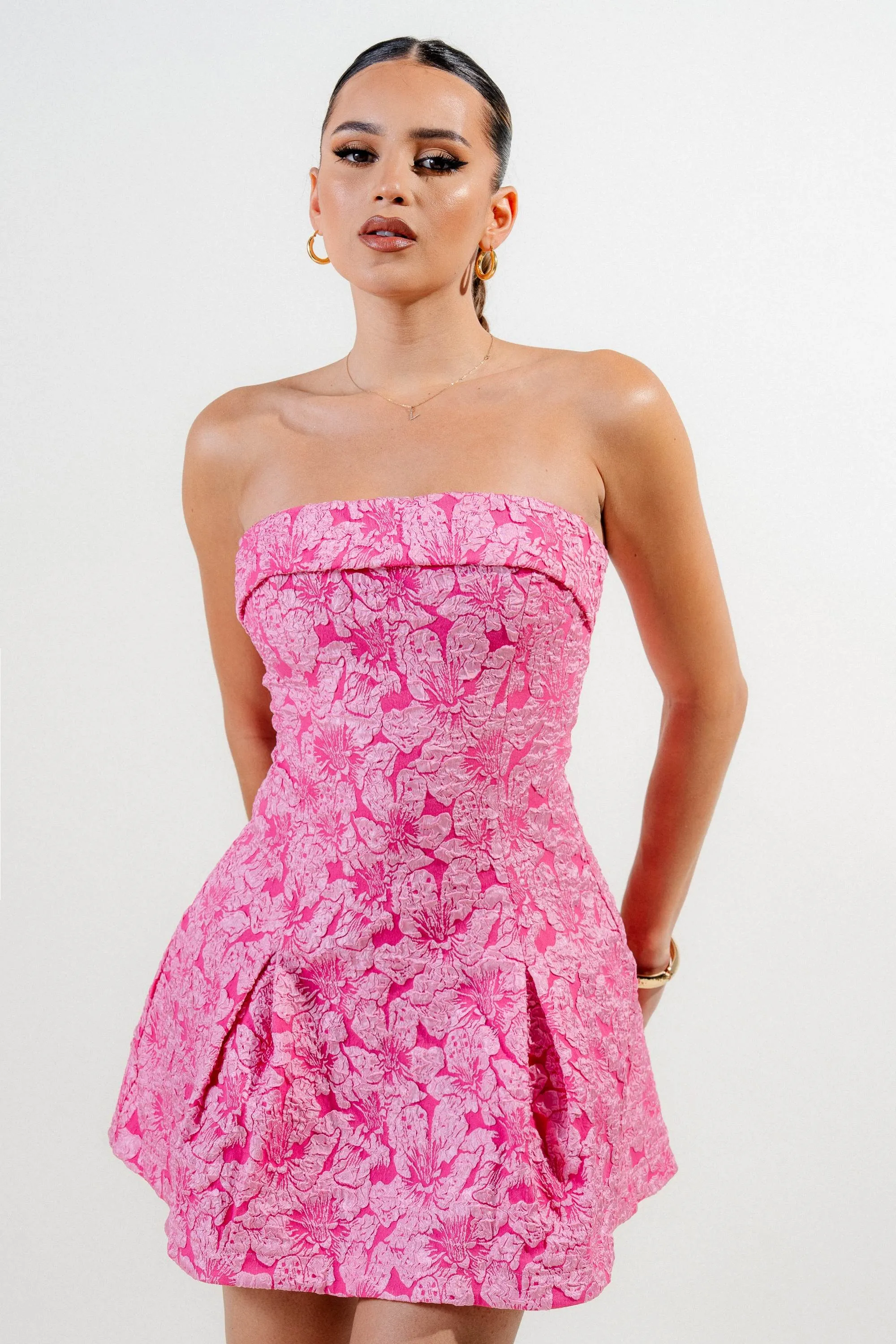 PD78989N / FLORAL JACQUARD KNIT TUBE FOLD DETAIL BACK LACE UP FLARE MINI DRESS sold by privy product image thumbnail 4