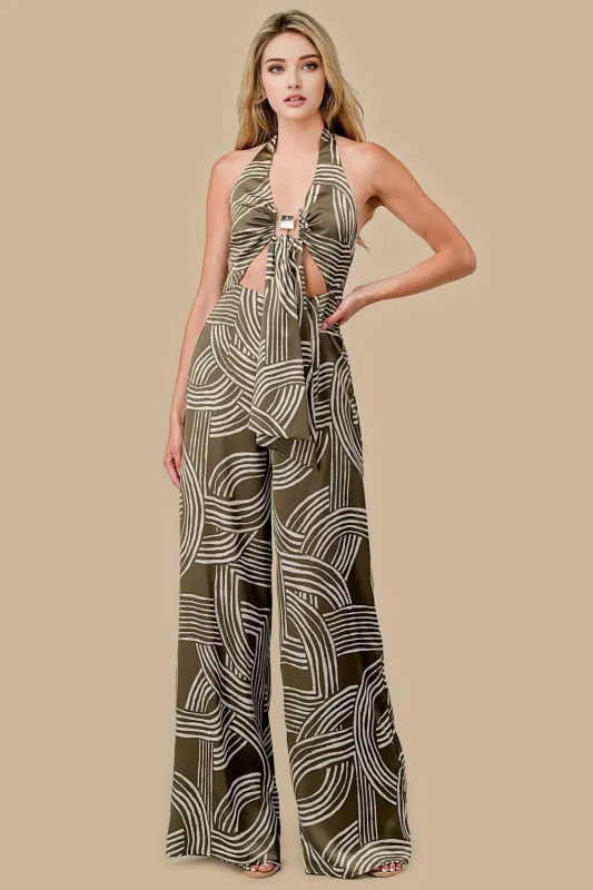AJWF1141B / WOVEN PRINT W/ HARDWARE TRIM JUMPSUIT sold by privy