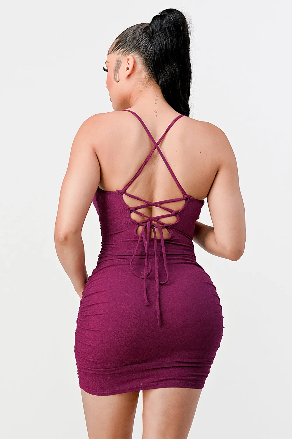 PD72651N-W / LUX DRAWSTRING LACE UP BACK GLITTER BODYCON MINI DRESS sold by privy product image thumbnail 3