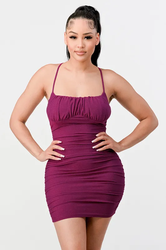 PD72651N-W / LUX DRAWSTRING LACE UP BACK GLITTER BODYCON MINI DRESS sold by privy