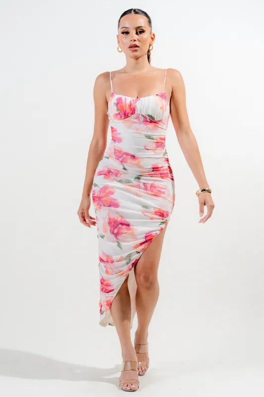 PD79066NST / MESH PRINT BUSTIER RUCHING ASYMMETRICAL HEM MIDI DRESS sold by privy