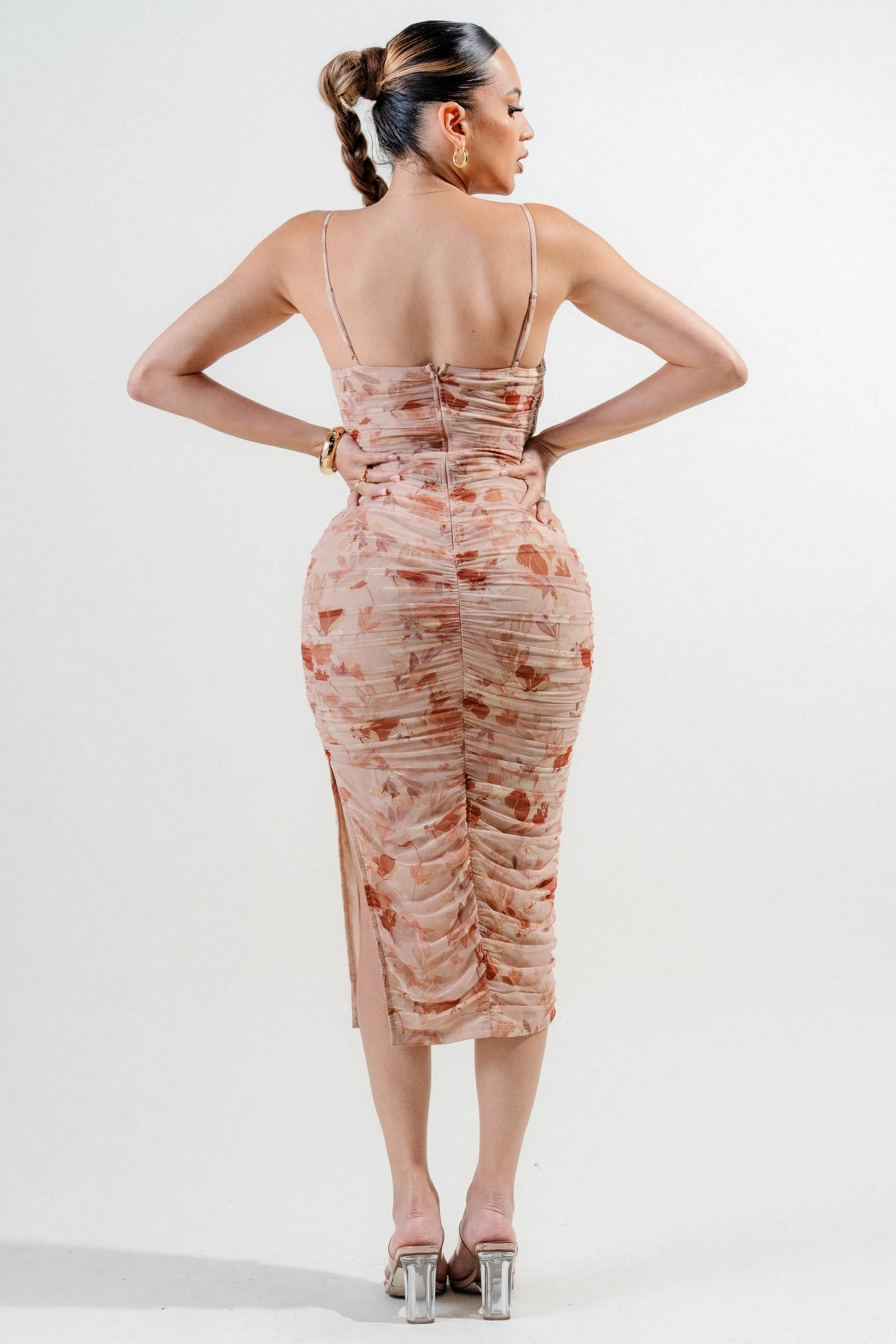 PD78997N / METALLIC MESH PRINT RUCHING SIDE OPEN MIDI DRESS sold by privy product image thumbnail 3