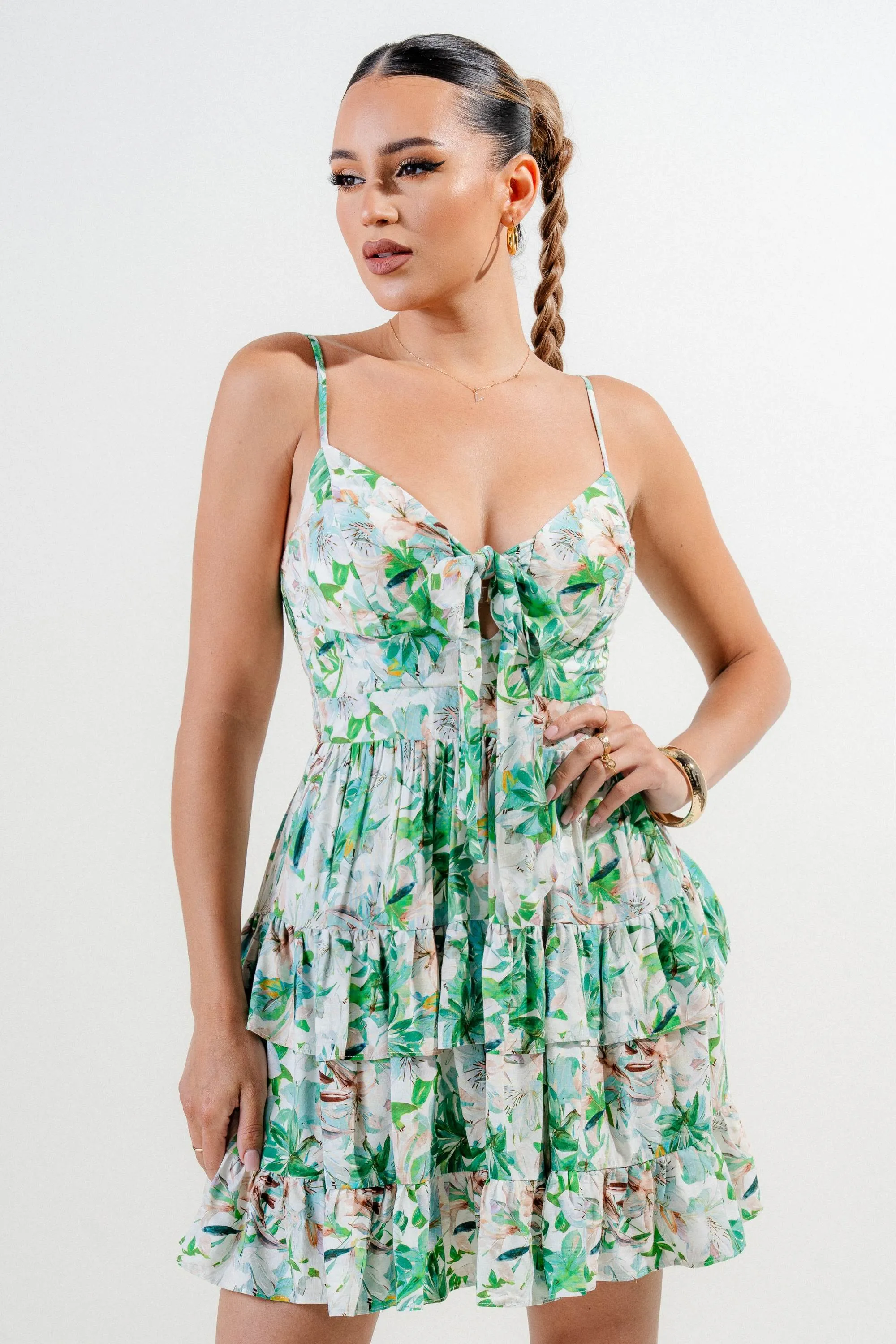 PD78994N / LAURA LINEN PRINT FRONT TIE BUSTIER FLARE MINI DRESS sold by privy product image thumbnail 4
