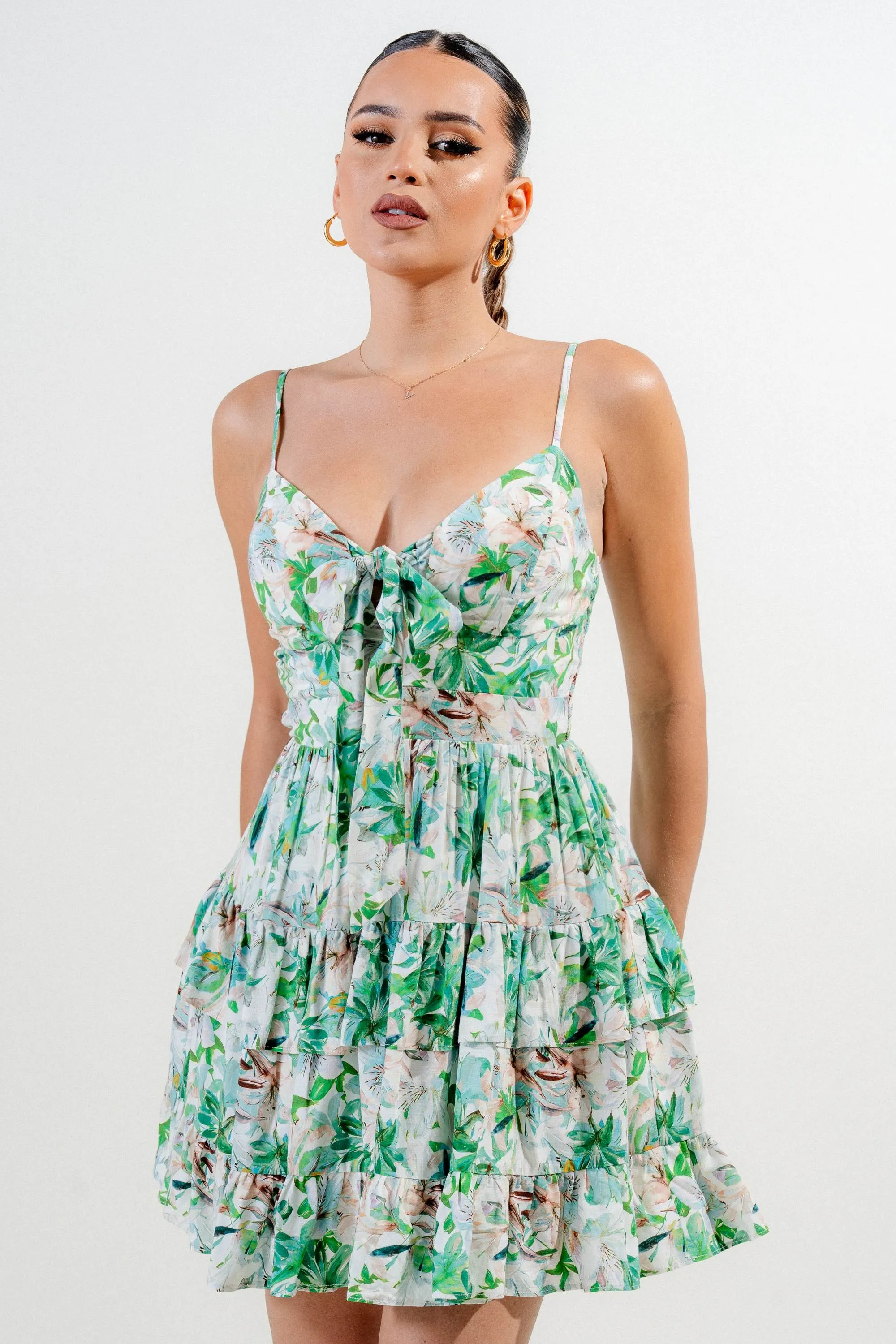 PD78994N / LAURA LINEN PRINT FRONT TIE BUSTIER FLARE MINI DRESS sold by privy