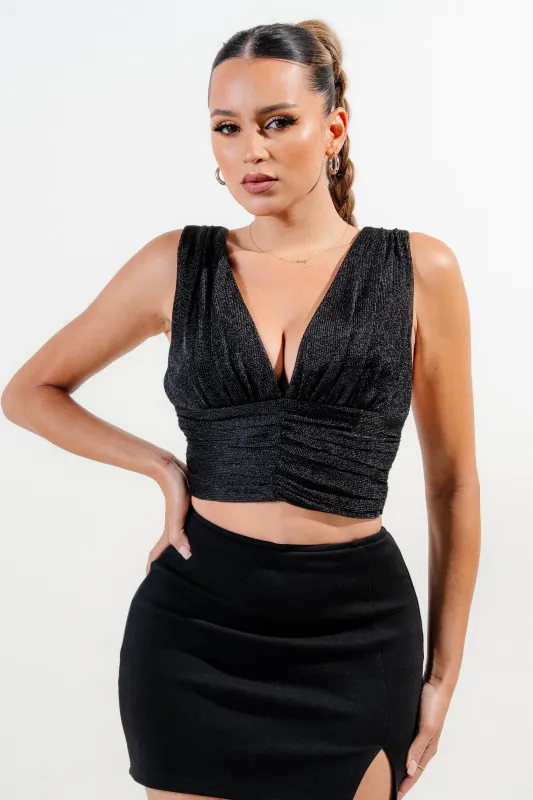 PTKF45420E / METALLIC FISHNET KNIT DEEP PLUNGE BACK TIE TOP sold by privy