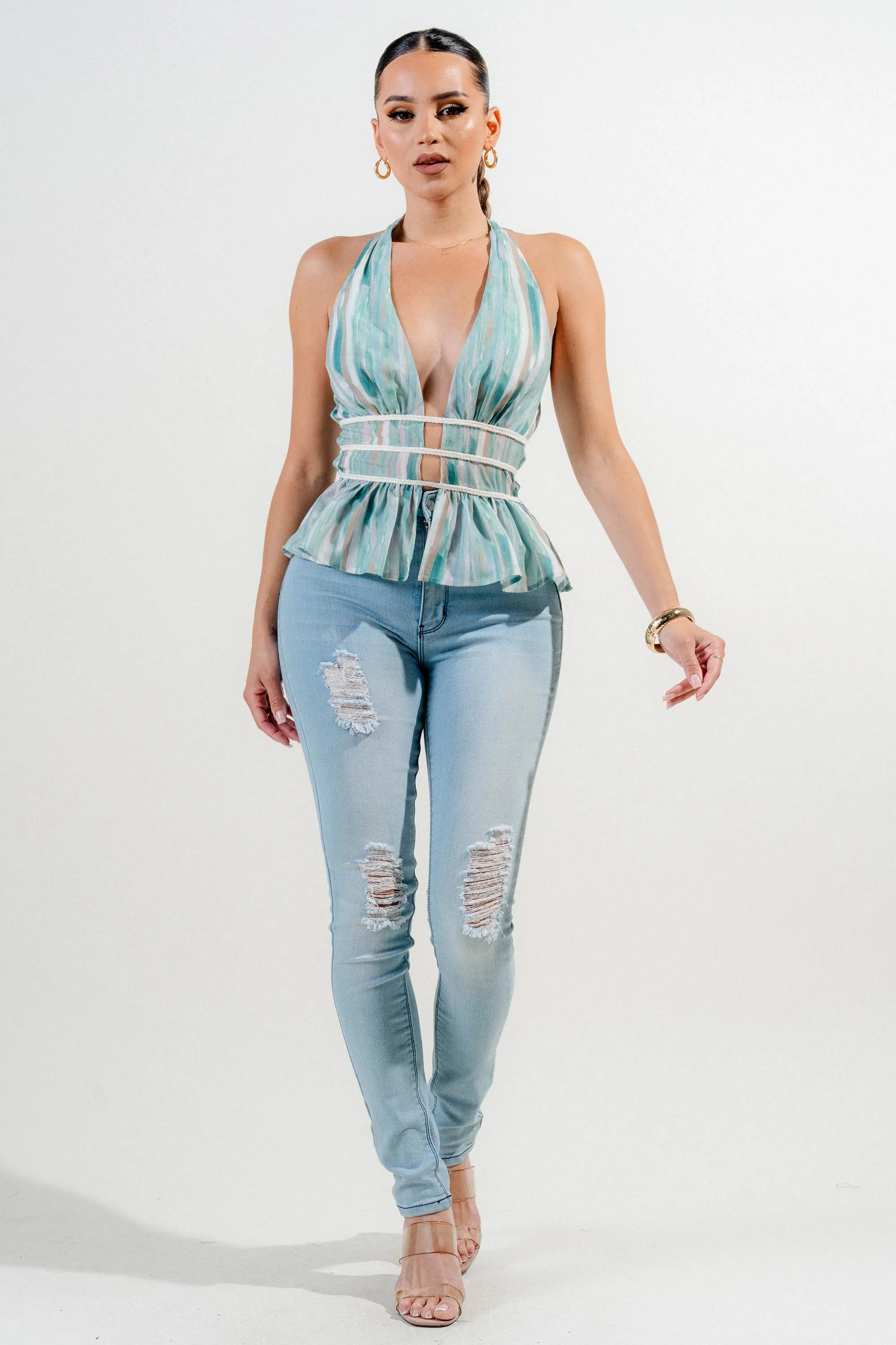 PT45460KST / WOVEN PRINT HALTER BRAID TRIM FRONT DEEP PLUNGE PEPLUM TOP sold by privy product image thumbnail 5