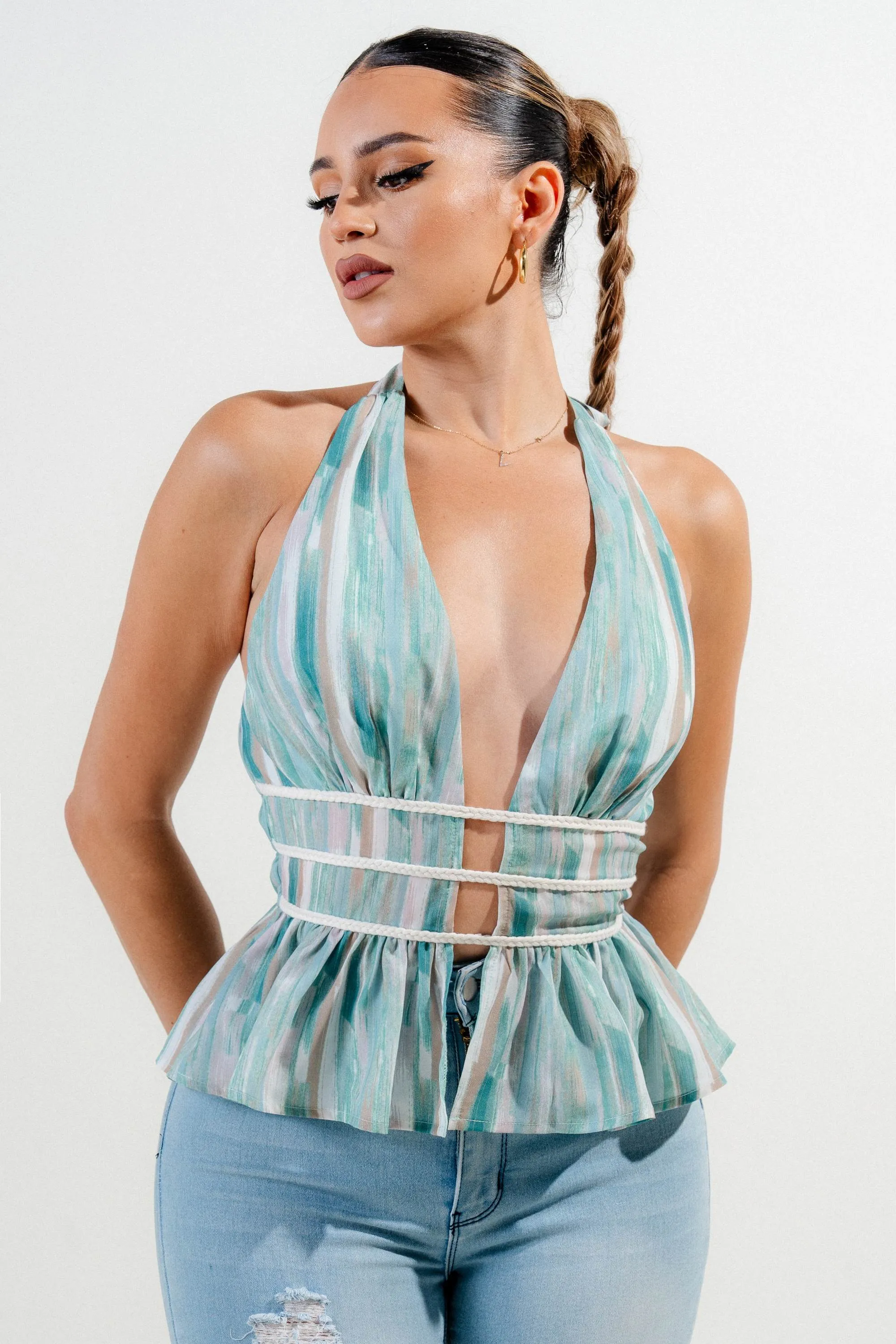 PT45460KST / WOVEN PRINT HALTER BRAID TRIM FRONT DEEP PLUNGE PEPLUM TOP sold by privy product image thumbnail 4