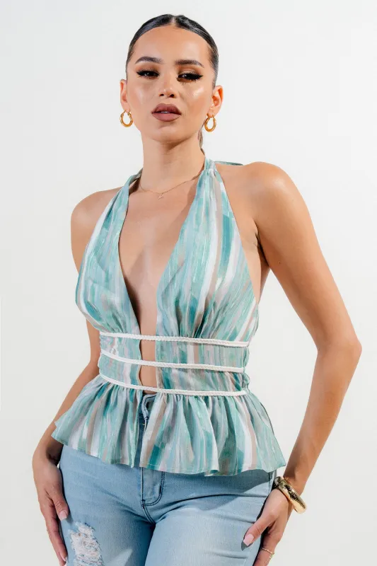 PT45460KST / WOVEN PRINT HALTER BRAID TRIM FRONT DEEP PLUNGE PEPLUM TOP sold by privy