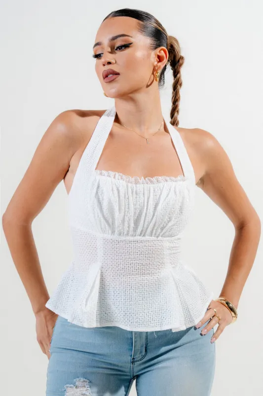 PT45451KST / EYELET LACE WOVEN TRIM INSET SQUARE NECK PEPLUM TOP sold by privy