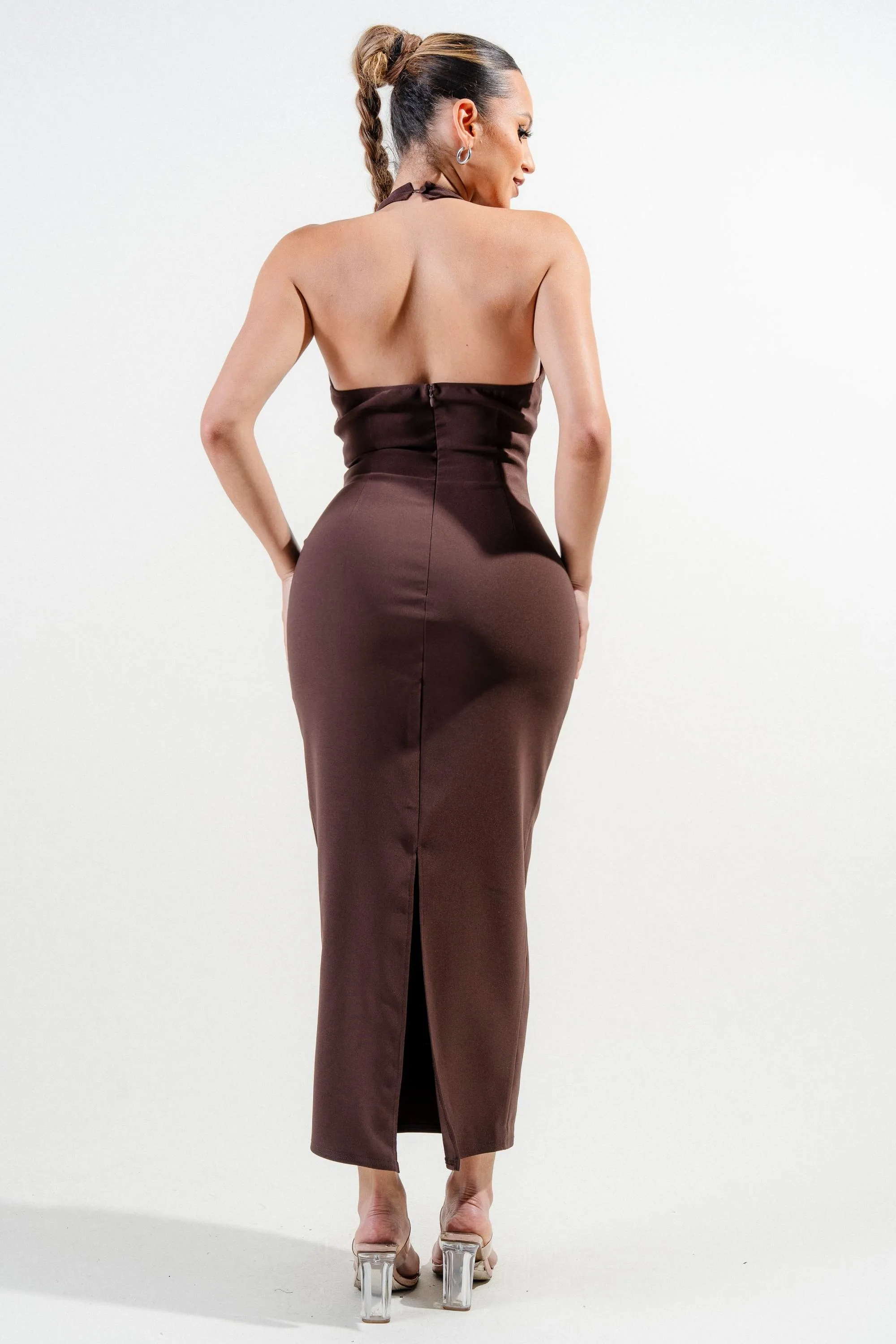 HD30106S / FINE STRETCH WOVEN HALTER NECK FITTED MIDI DRESS sold by privy product image thumbnail 3