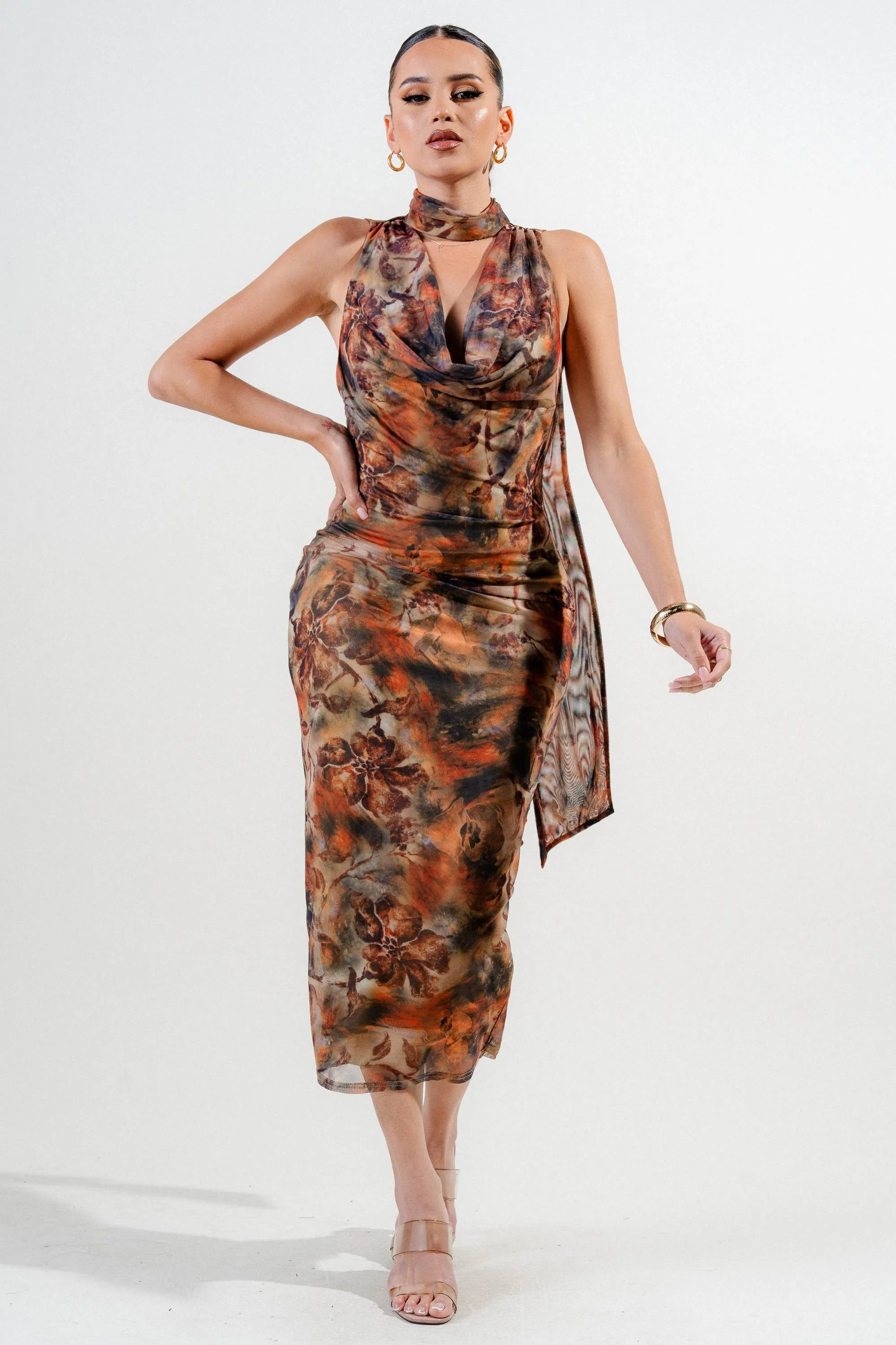 HD30138B / MESH PRINT JERSEY HALTER COWL NECK MIDI DRESS sold by privy