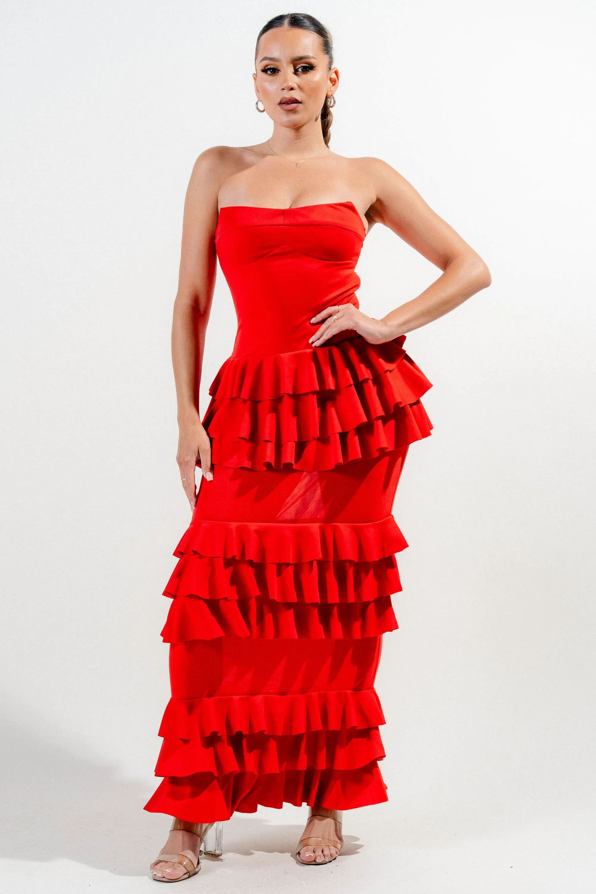 HD30109S / TEXTURED KNIT & MESH STRAPLESS RUFFLE SHEER LEG MAXI DRESS sold by privy