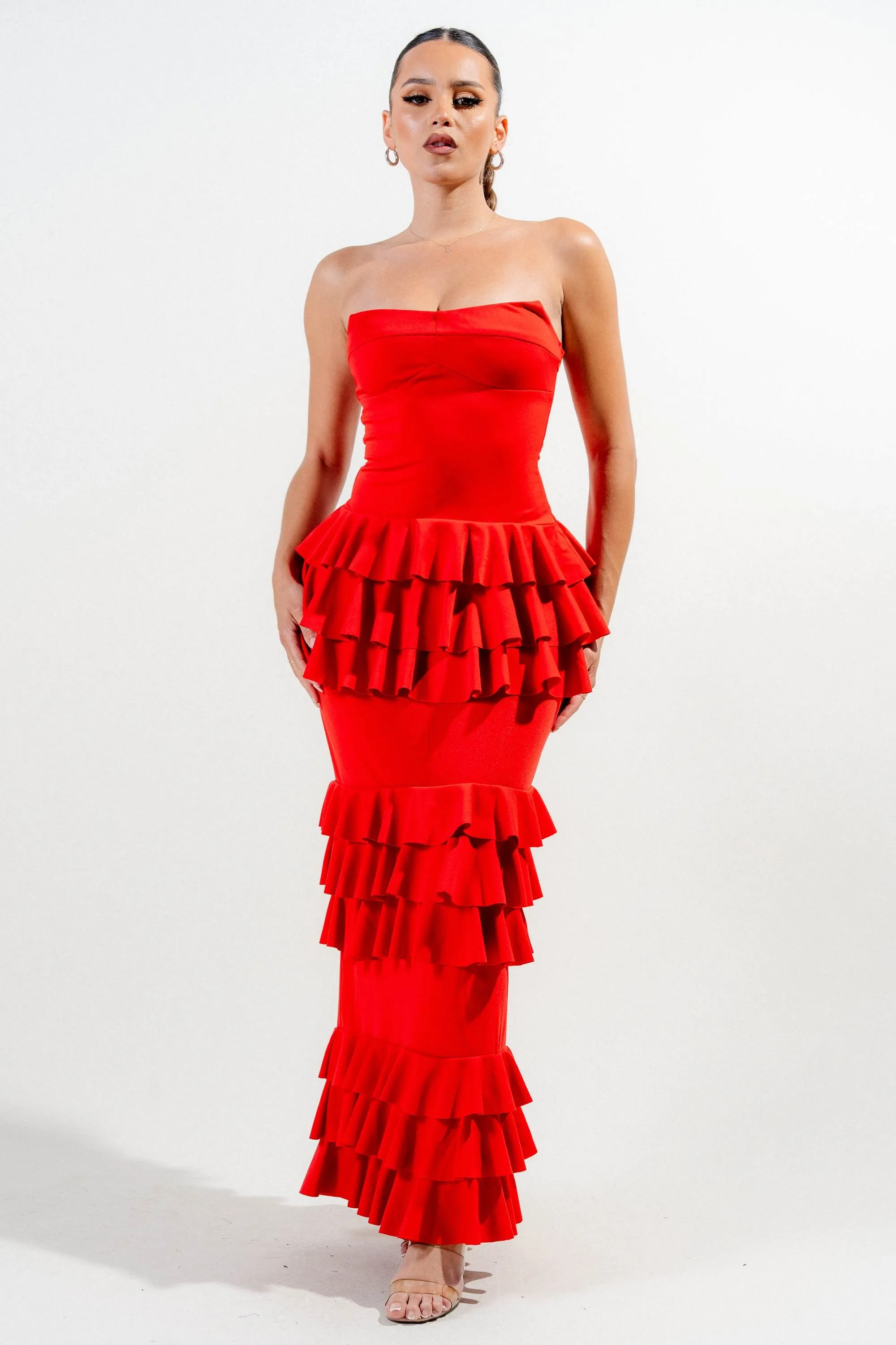 HD30109S / TEXTURED KNIT & MESH STRAPLESS RUFFLE SHEER LEG MAXI DRESS sold by privy product image thumbnail 5