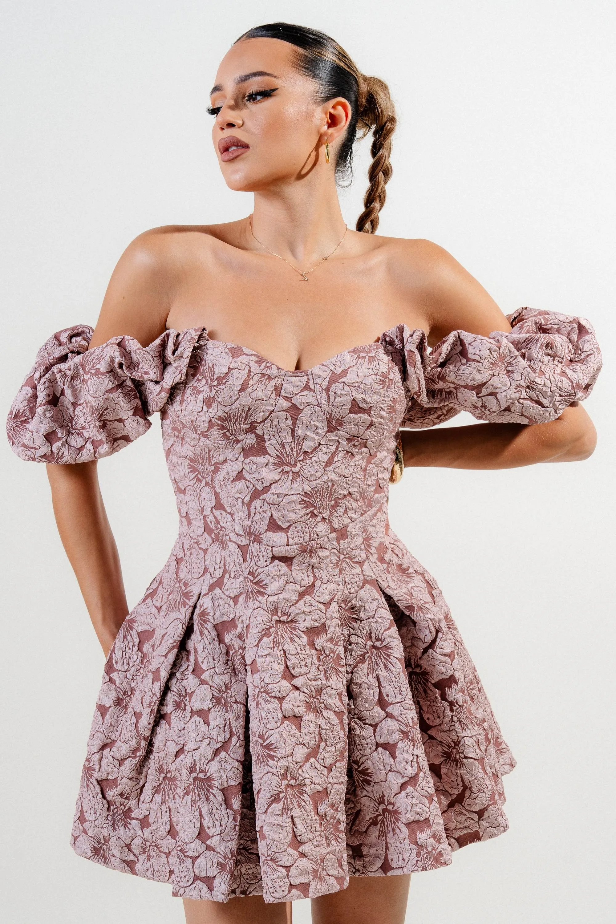 PD78988B / FLORAL JACQUARD KNIT OFF SHOULDER CORSET FLARE MINI DRESS sold by privy product image thumbnail 4