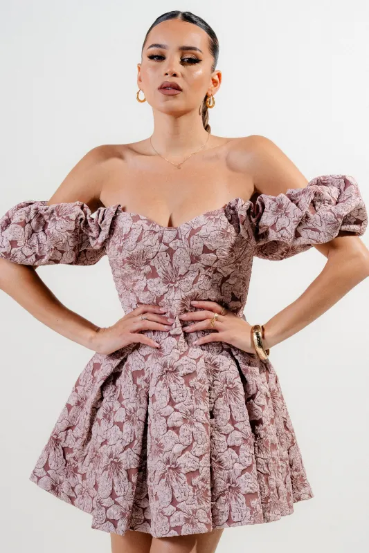 PD78988B / FLORAL JACQUARD KNIT OFF SHOULDER CORSET FLARE MINI DRESS sold by privy